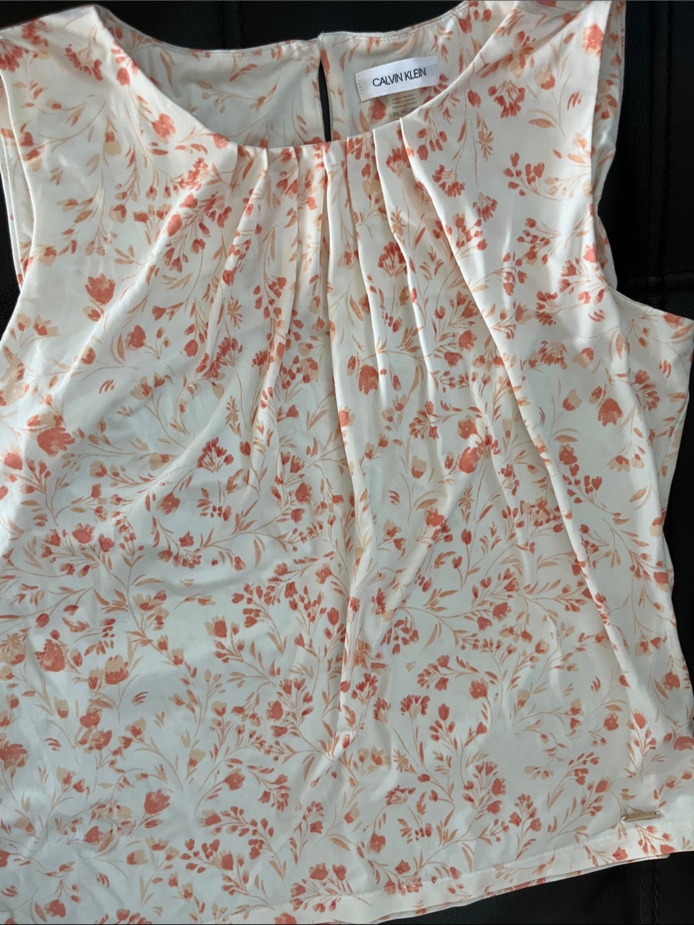 Calvin Klein Cream Sleeveless Floral Pleated Neck Camisole - Coral Print